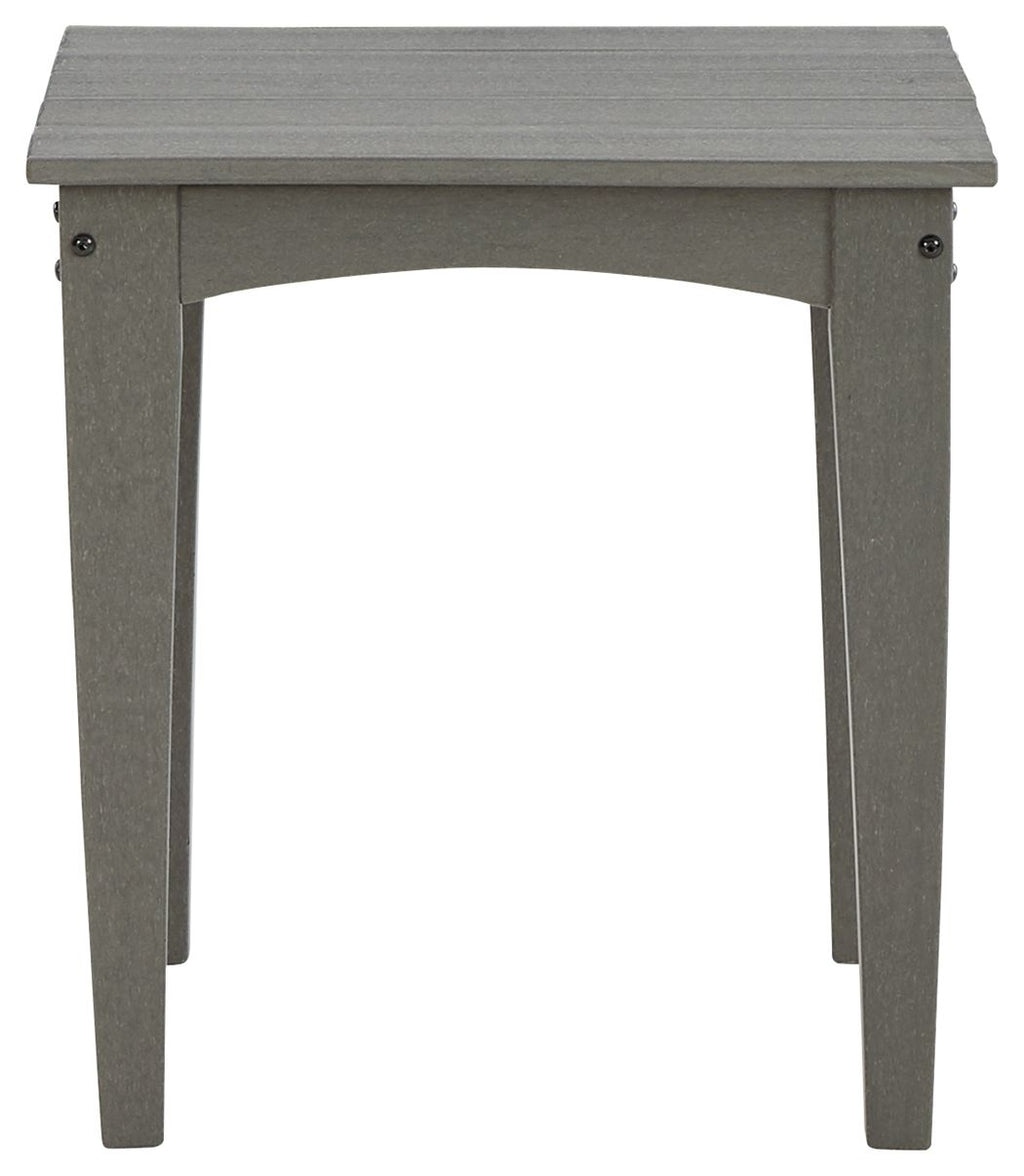 Gray square end table with solid top and straight legs, visible hardware
