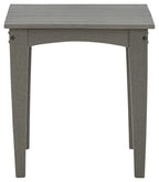 Gray square end table with solid top and straight legs, visible hardware
