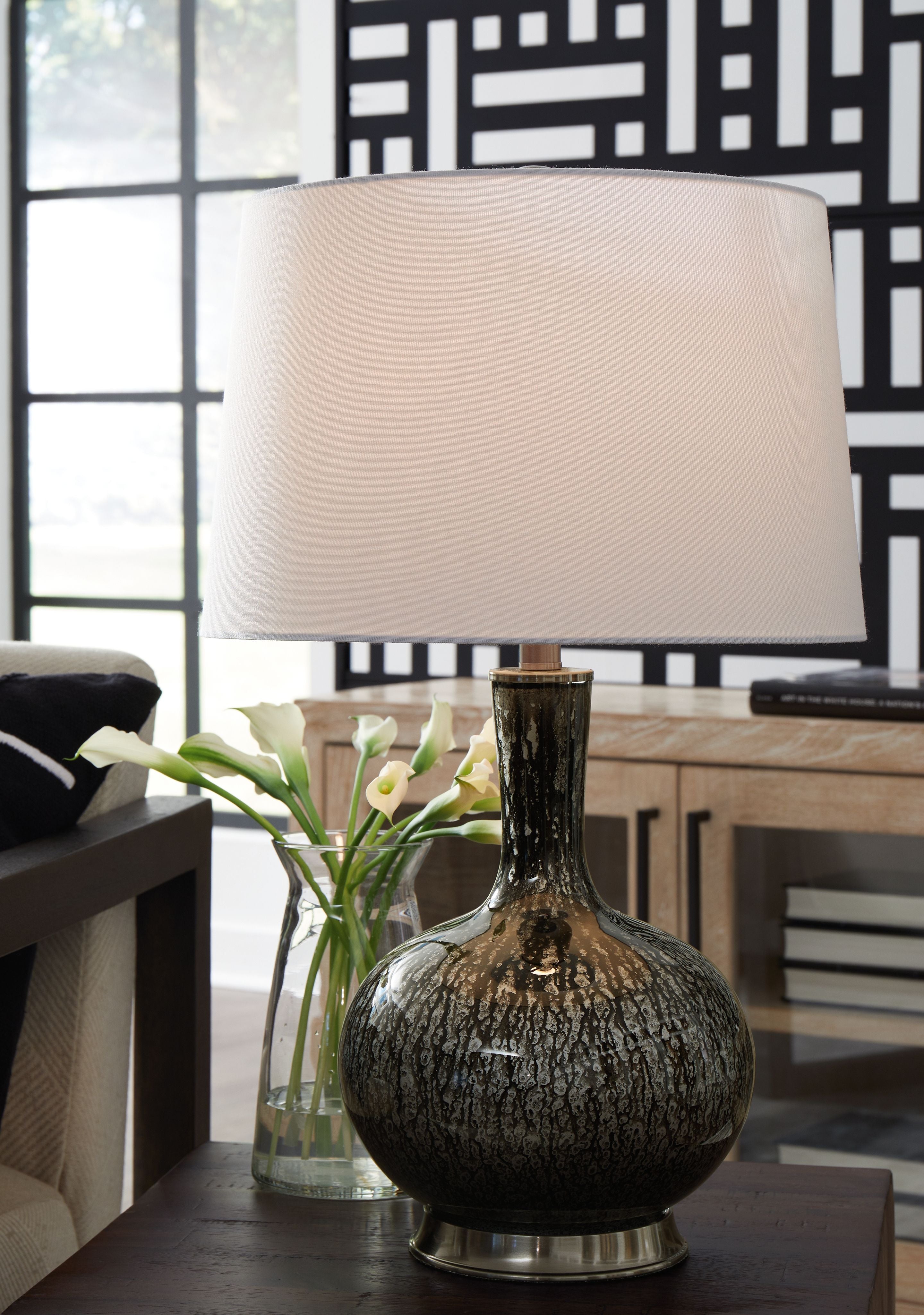 Glass table lamp with white shade and antique black textured glass body