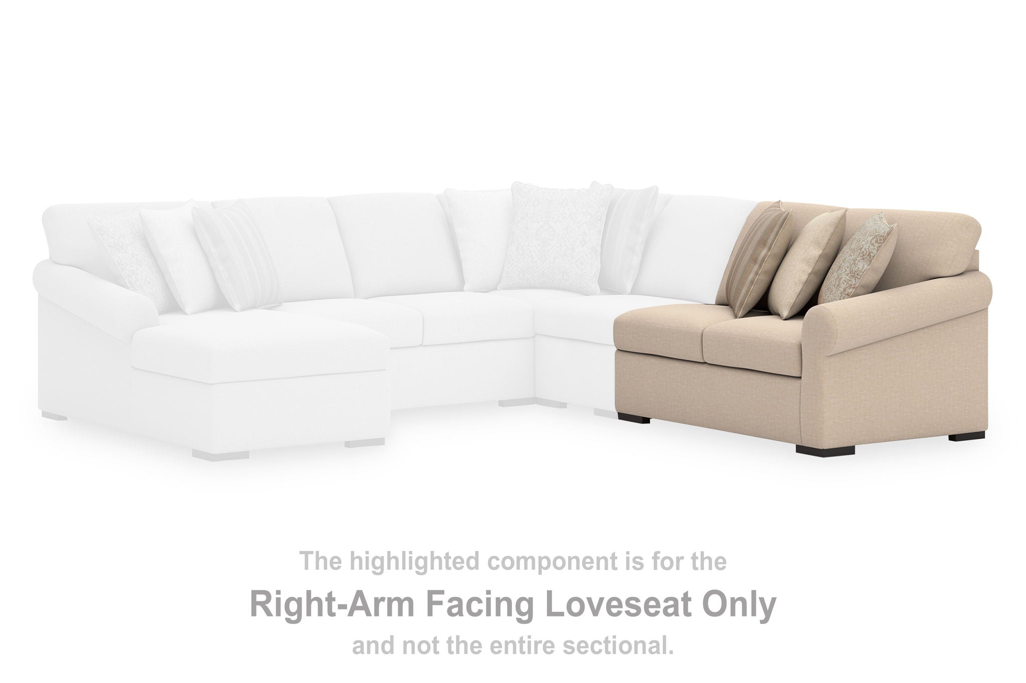 Right-arm facing loveseat section of a light beige sectional with padded arm and back cushions