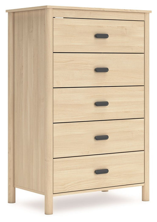Tan five-drawer chest with dark bar handles and tapered legs.