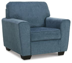 Blue fabric loveseat-style chair with rolled arms and cushioned seat