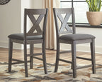 Two gray upholstered counter barstools with X-back panels and studded seat trim