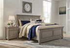 Light gray California king bed frame with rails, four-panel headboard and footboard