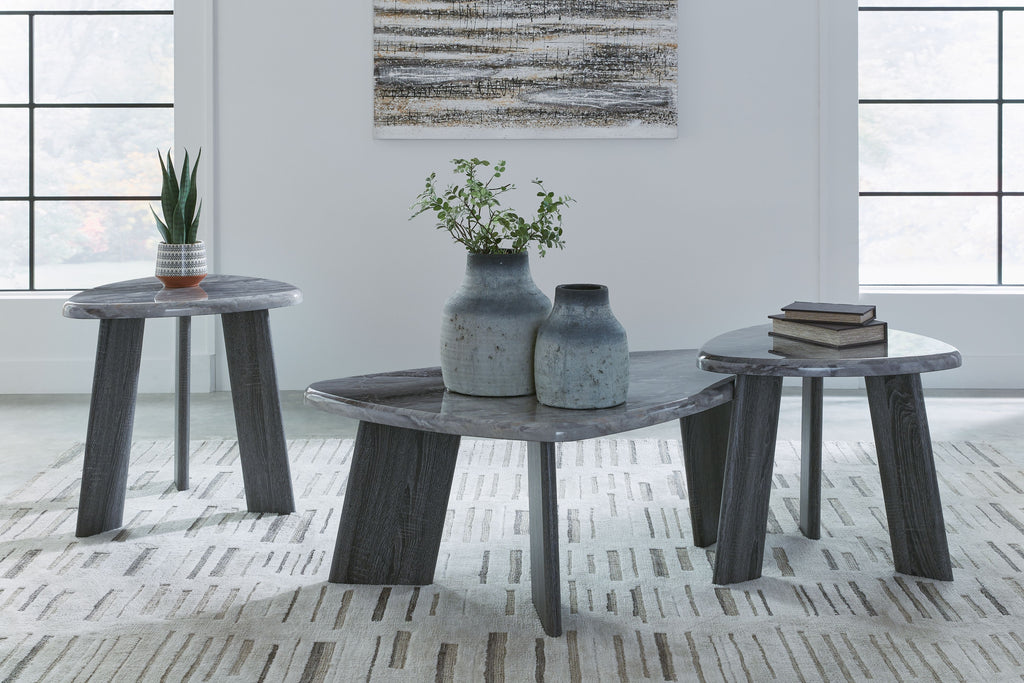 Set of 3 round gray occasional side tables with dark legs and speckled tops