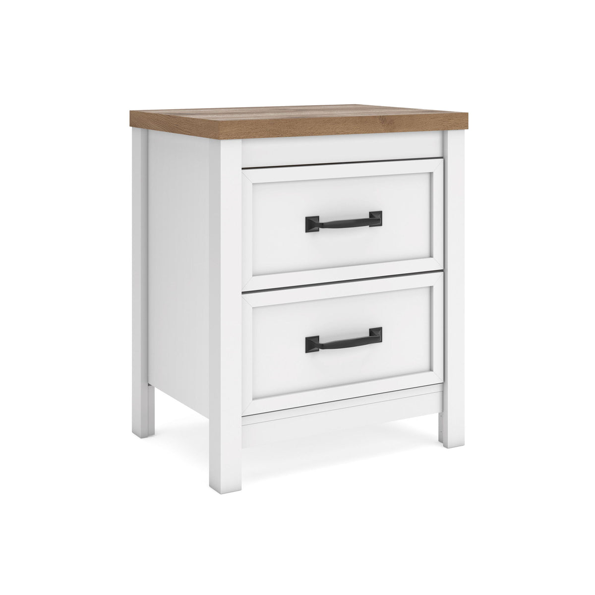 White two-drawer nightstand with brown wood-look top and black bar pulls