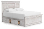 Panel storage bed with white mattress, light gray wood frame, open drawer storage compartment