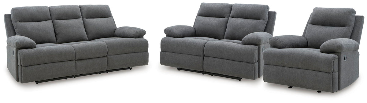 Reclining dark gray sofa, loveseat, and recliner set with padded arms and headrests