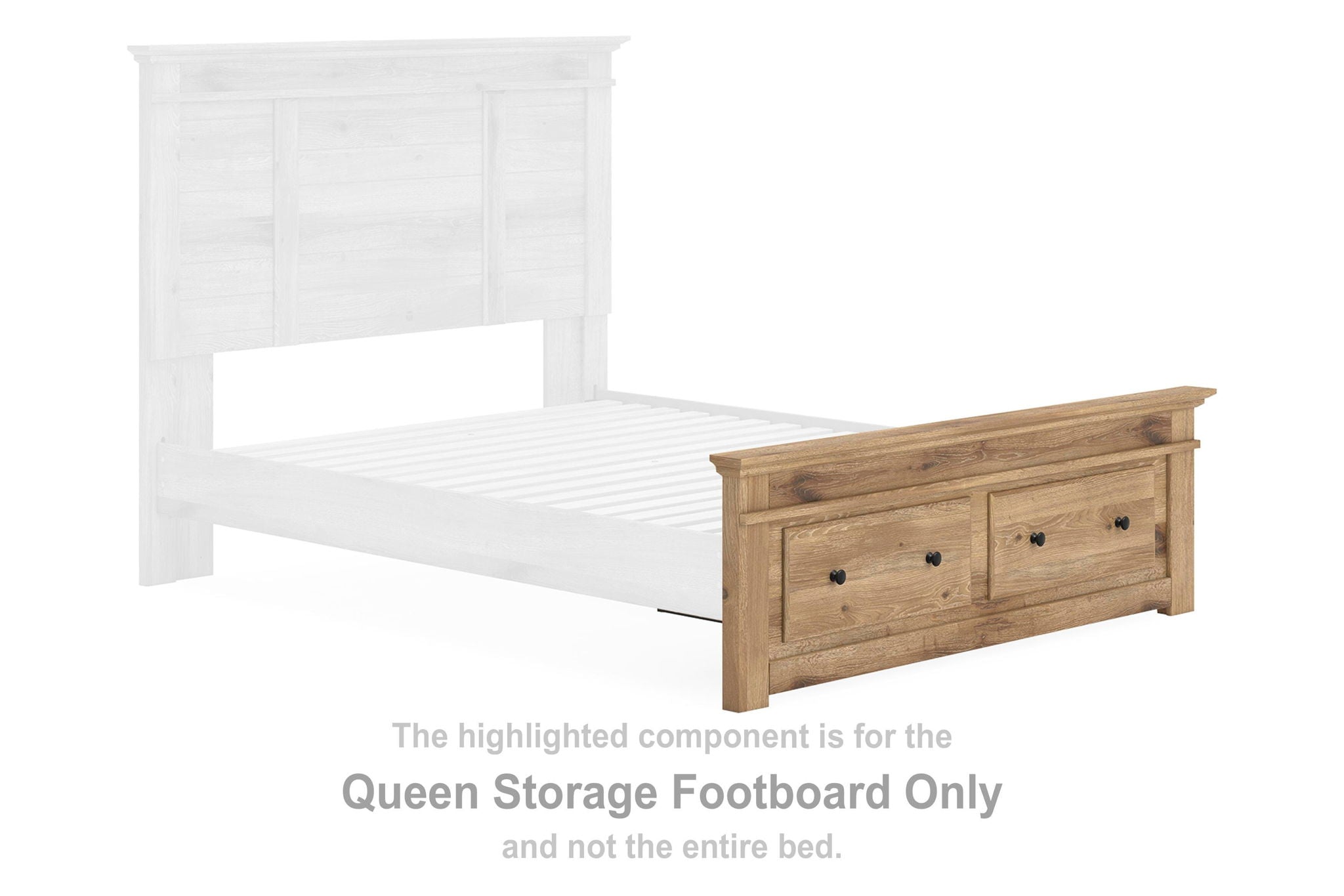 Tan queen storage footboard with three drawer compartments and metal knobs