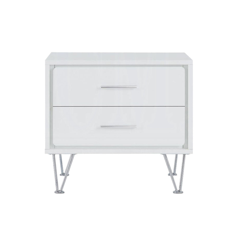White 2-Drawer Nightstand with Metal Legs | Modern Bedroom Accent