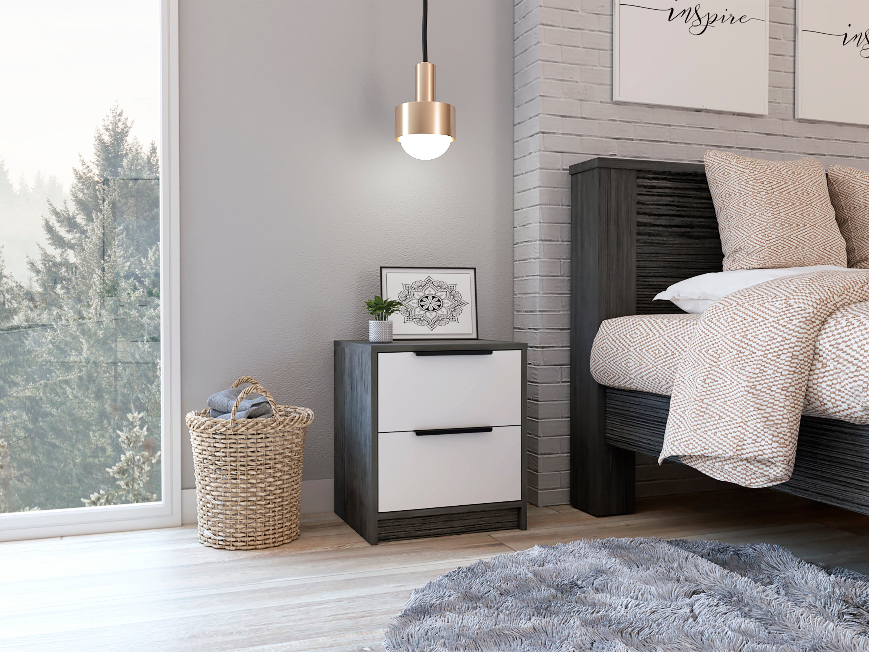 Smokey Oak & White Nightstand - 2 Drawers