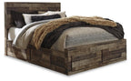 Rustic panel bed with dark wood frame, upholstered headboard, gray bedding and throw