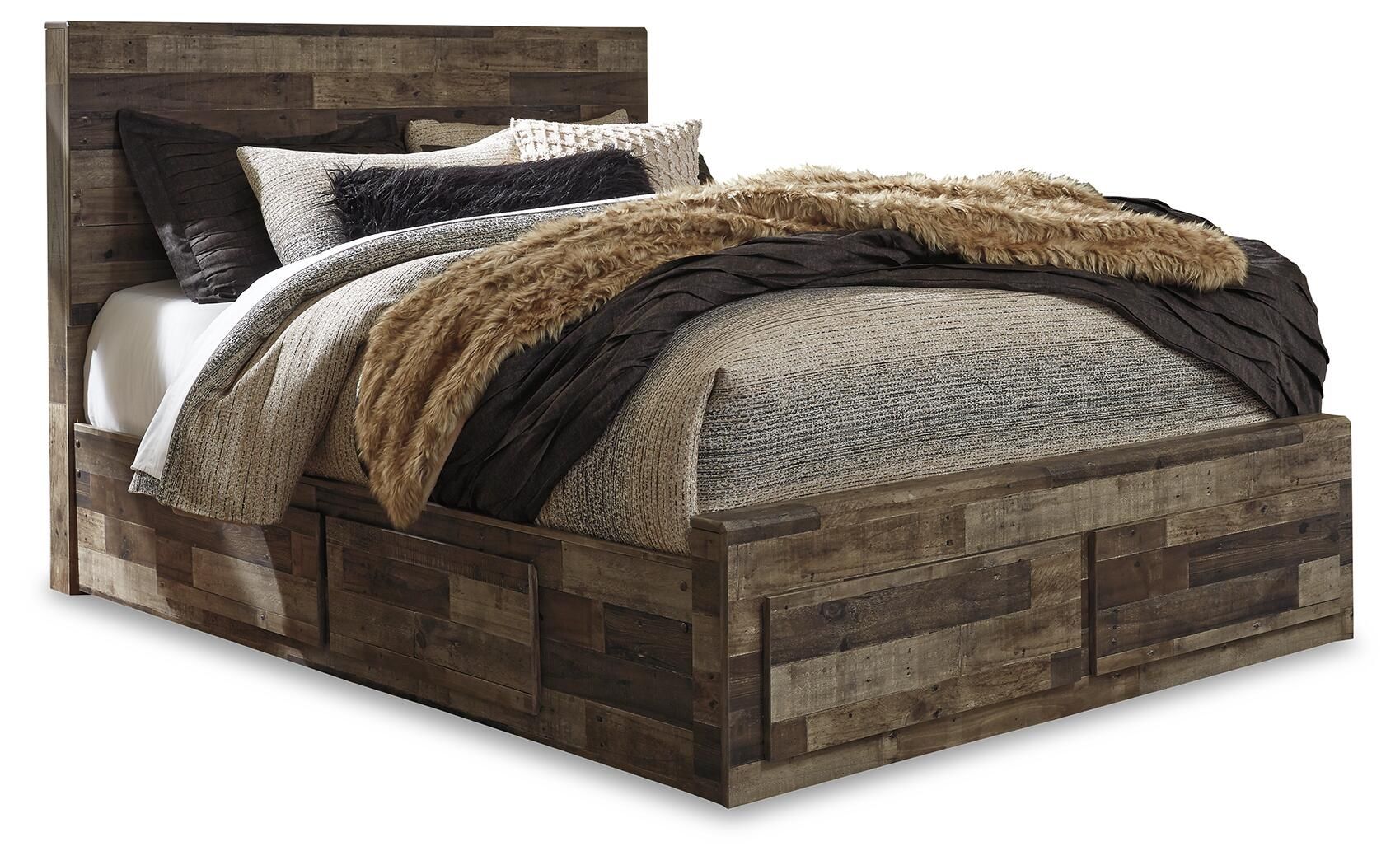 Rustic panel bed with dark wood frame, upholstered headboard, gray bedding and throw