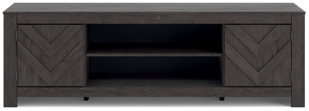 Dark gray TV stand with chevron cabinet doors and open center shelves