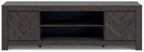 Dark gray TV stand with chevron cabinet doors and open center shelves