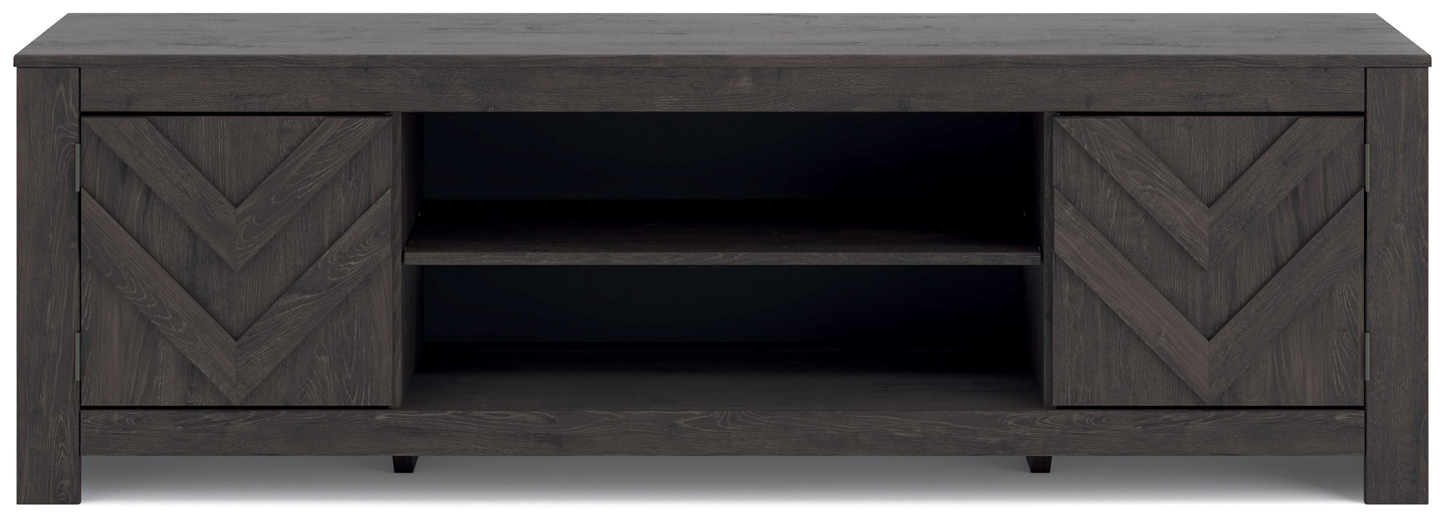 Dark gray TV stand with chevron cabinet doors and open center shelves