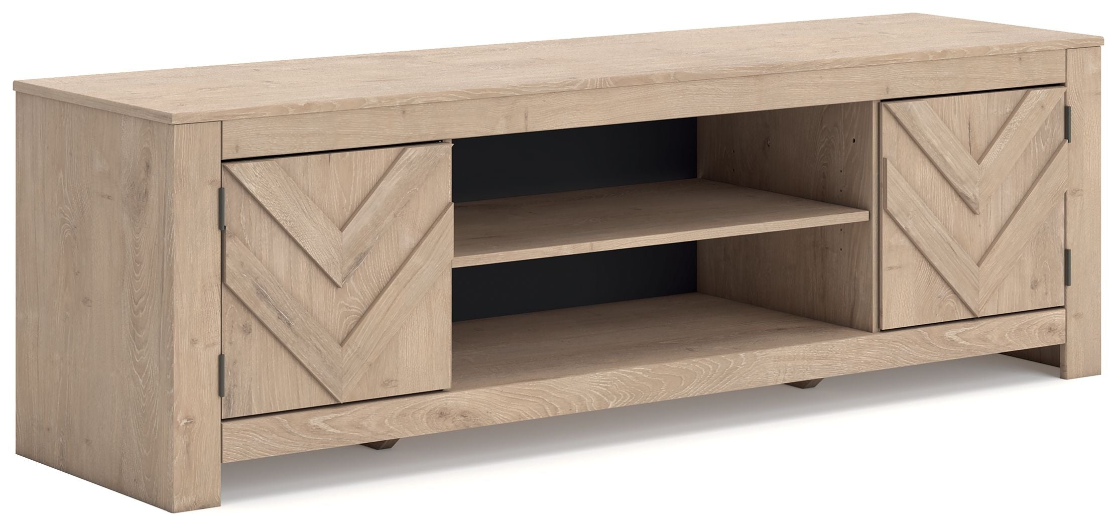 Beige TV stand with chevron doors and open shelf center