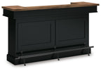 Black bar cabinet with brown wood top, two doors and metal towel bar