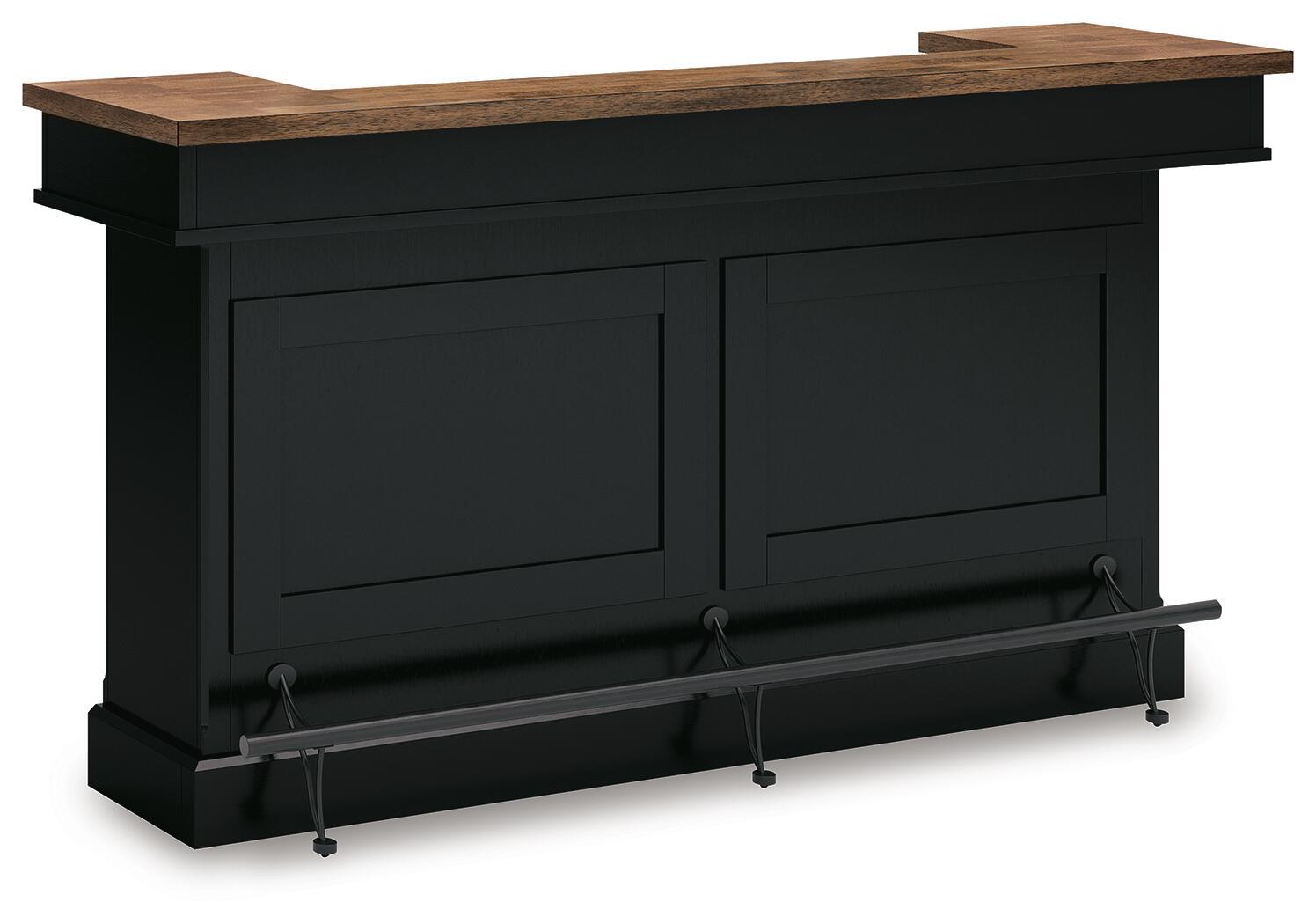 Black bar cabinet with brown wood top, two doors and metal towel bar