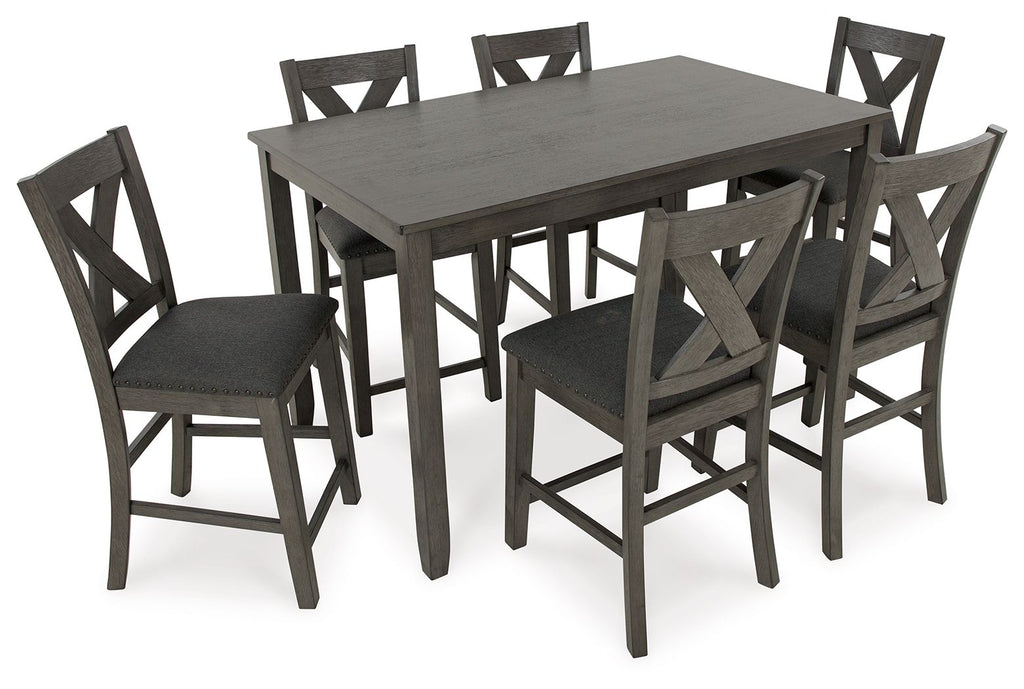 Gray rectangular counter table with four padded chairs
