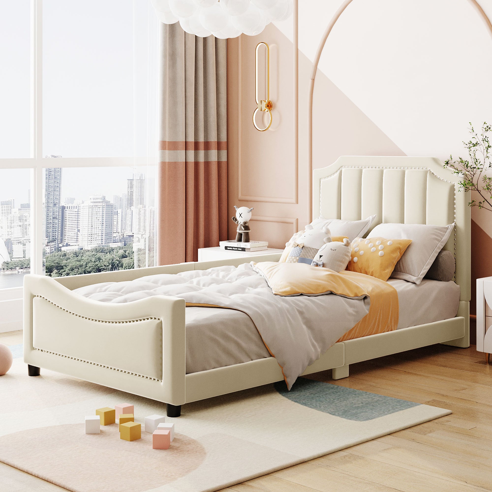 Twin Upholstered Daybed with Classic Stripe Headboard, Beige