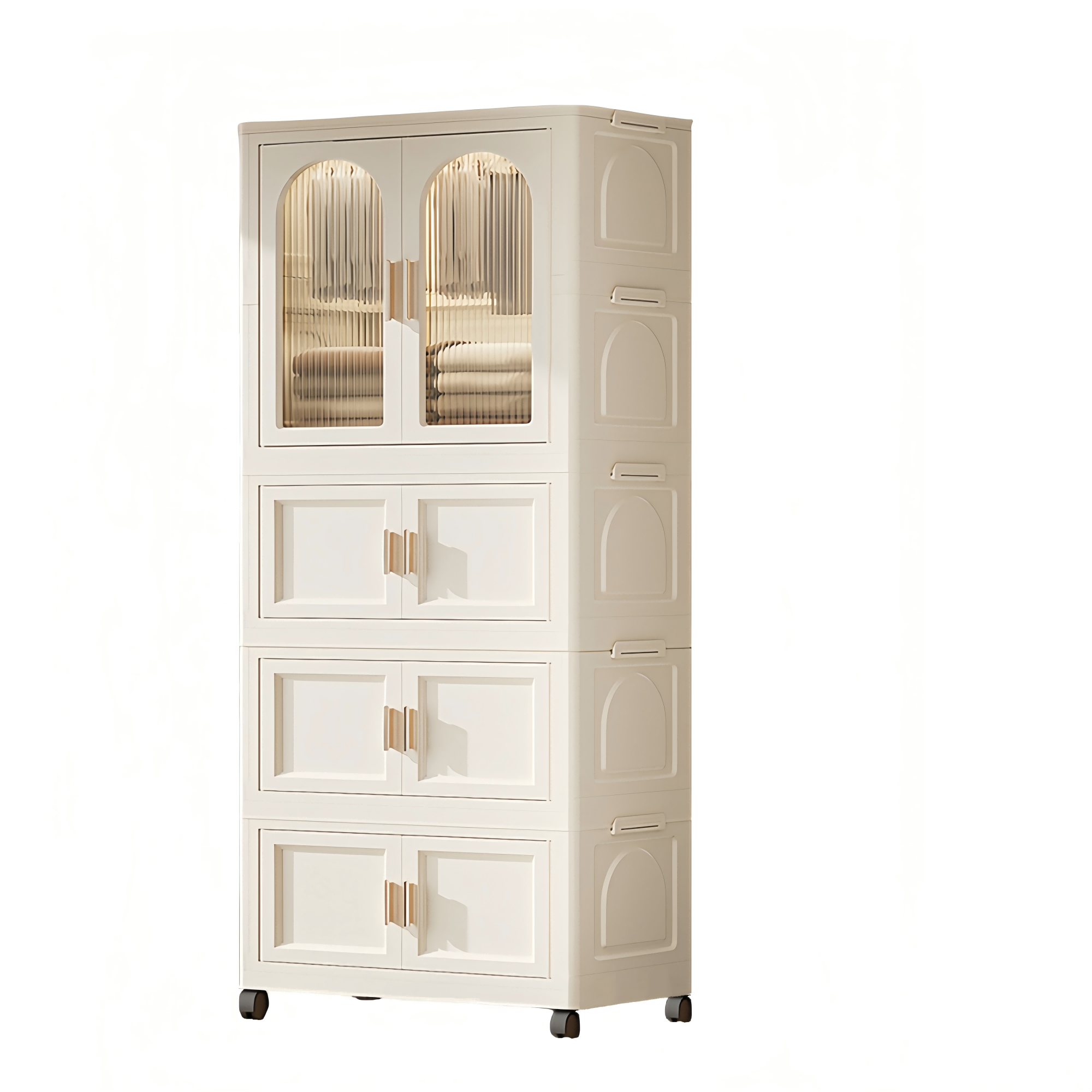 Cream White Folding Wardrobe Cabinet: Magnetic Doors, Wheels, Hangers