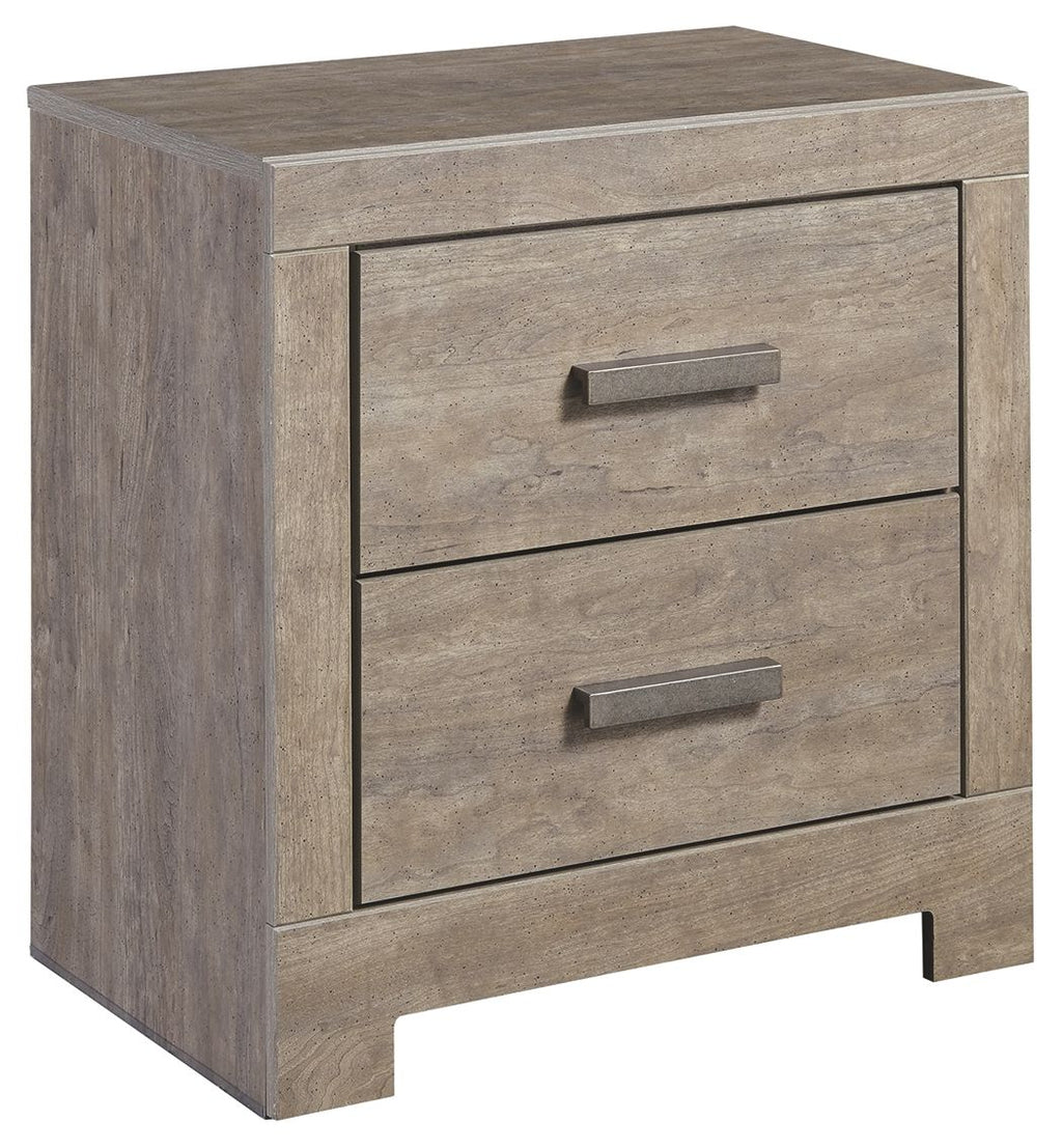 Gray two-drawer night stand with metal bar pulls and raised sides
