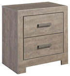 Gray two-drawer night stand with metal bar pulls and raised sides