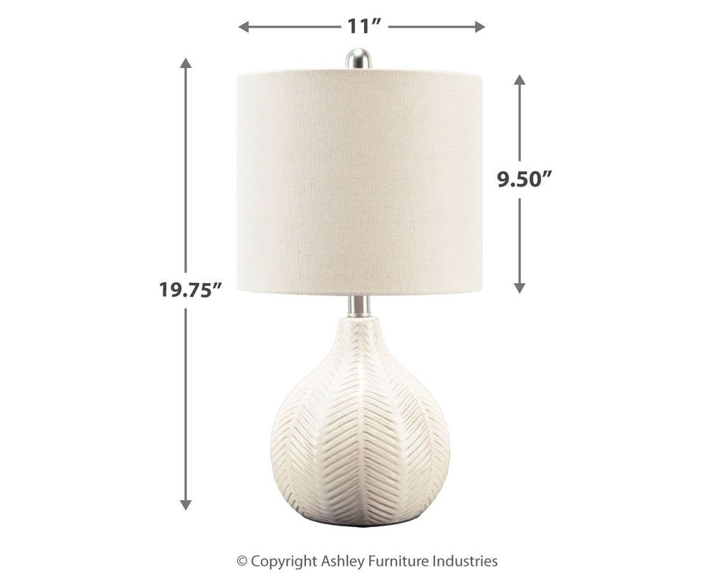 Ceramic table lamp, 11 in wide, 19.75 in tall; off-white shade
