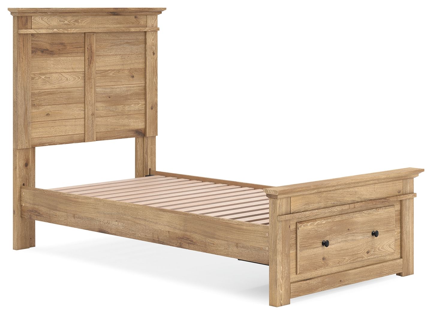 Light brown wooden storage bed with panel headboard, slatted base, and front drawer compartments