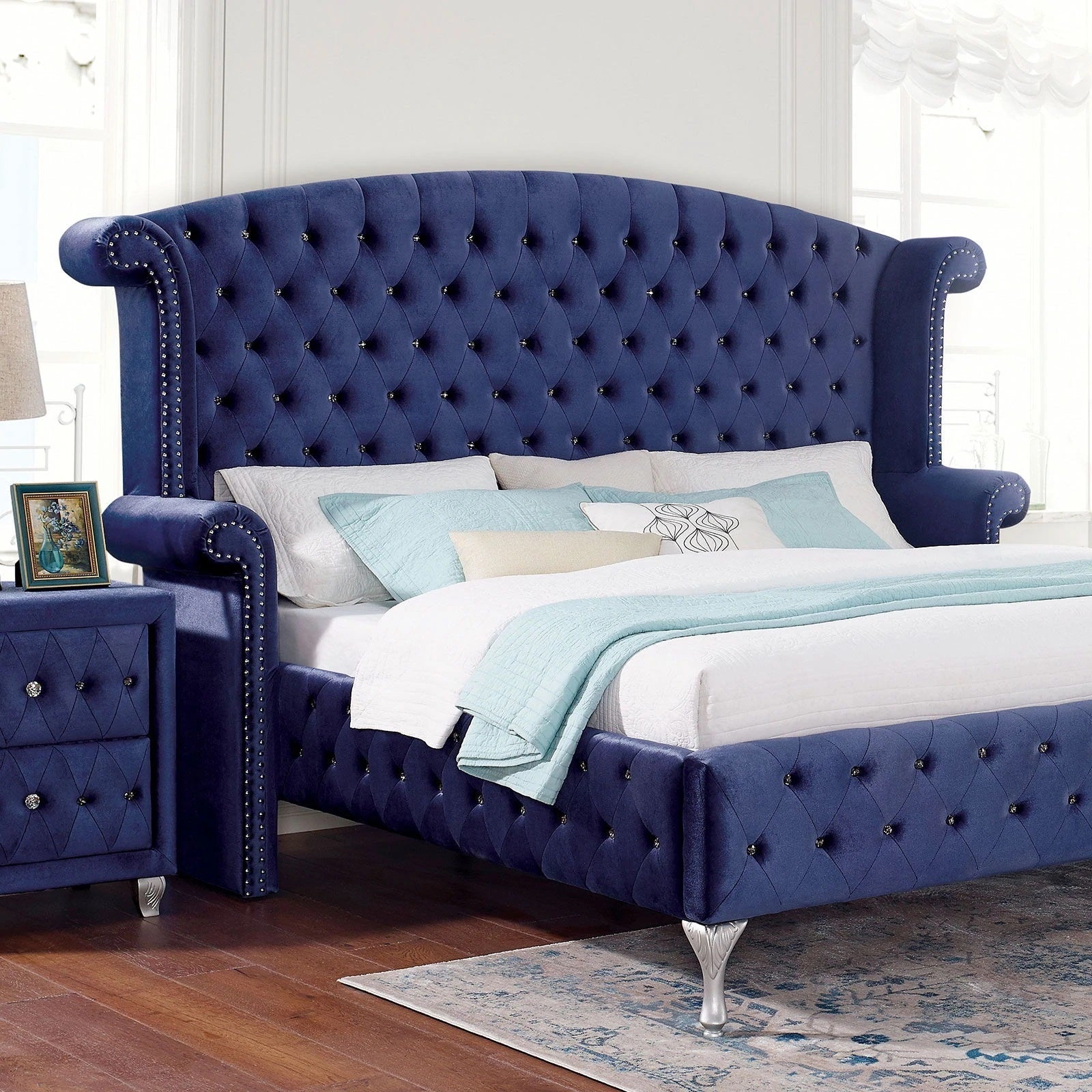 Glamorous Blue Queen Velvet Tufted Wingback Headboard
