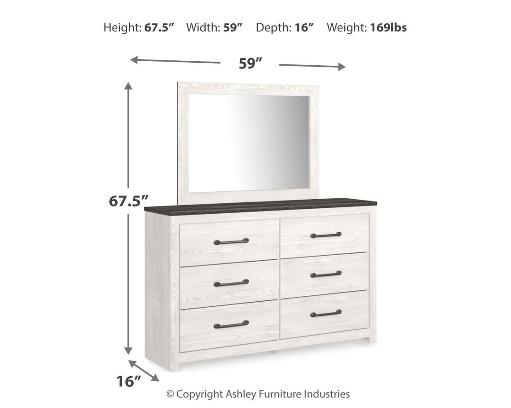 White dresser with mirror and four drawers, dimensions 67.5in tall and 59in wide