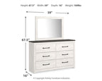 White dresser with mirror and four drawers, dimensions 67.5in tall and 59in wide