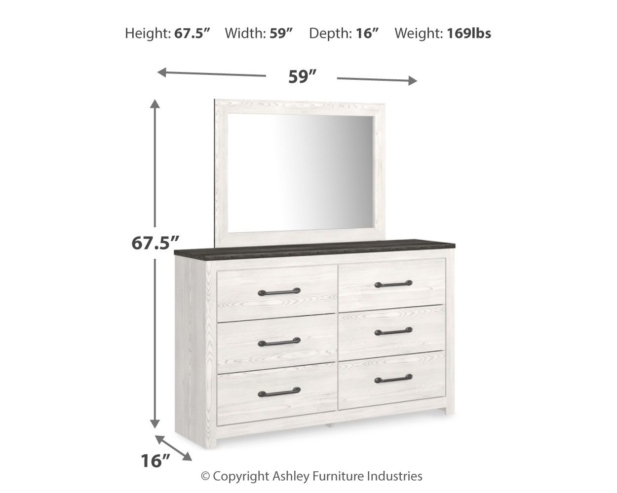 White dresser with mirror and four drawers, dimensions 67.5in tall and 59in wide