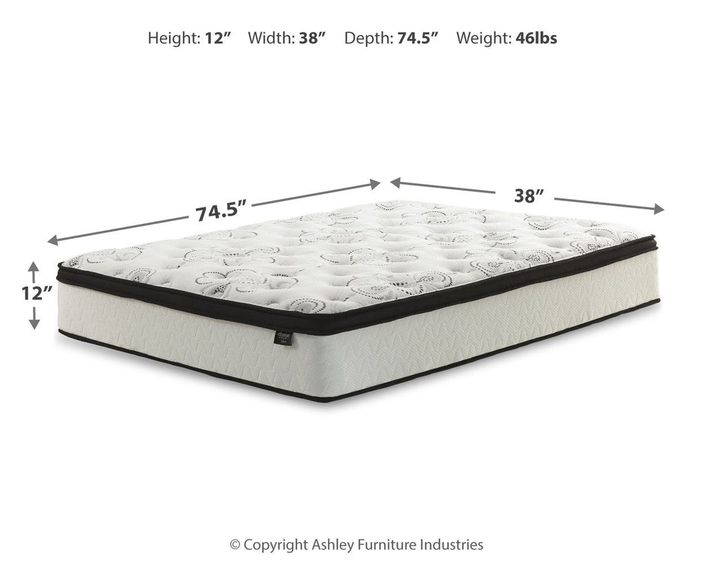 12-inch hybrid mattress with white quilted cover and black trim; size 38" x 74.5"