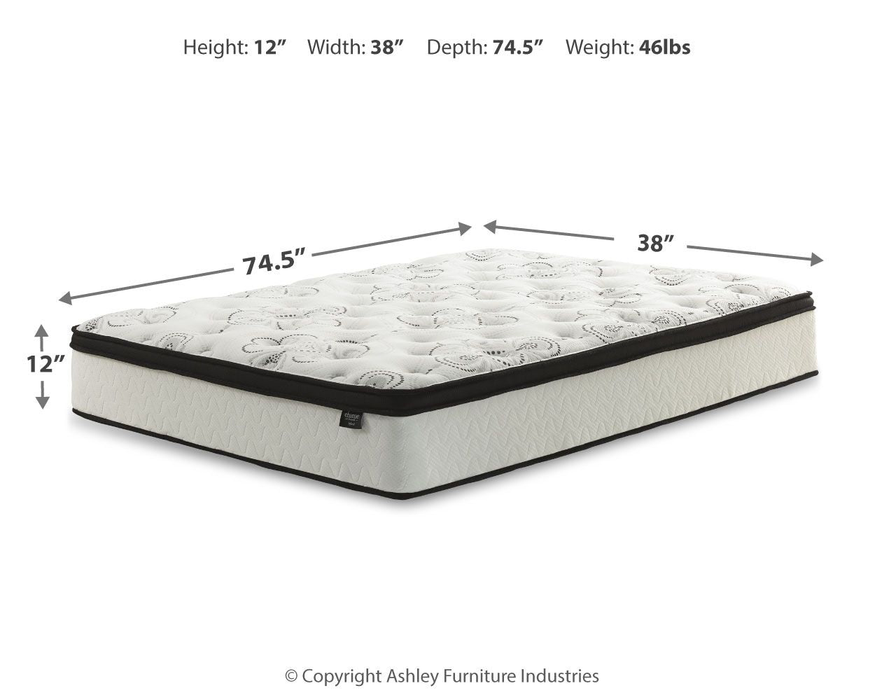 12-inch hybrid mattress with white quilted cover and black trim; size 38" x 74.5"