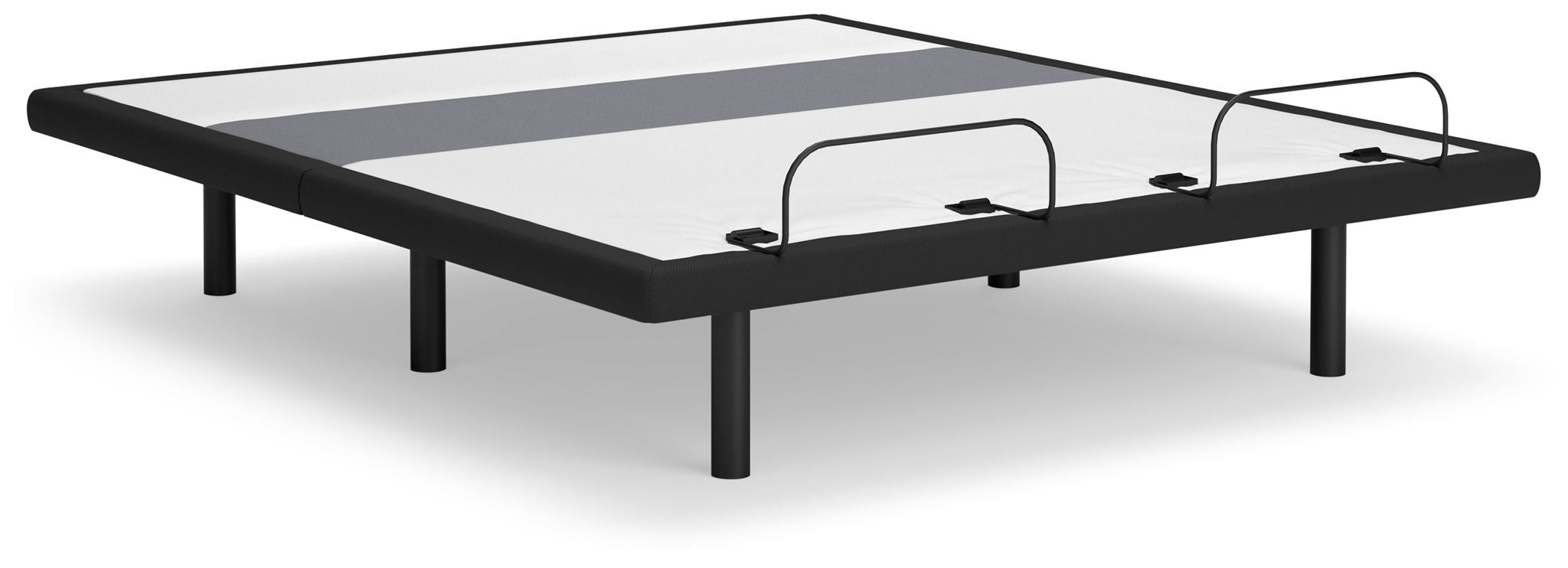 Adjustable bed base with lumbar support and audio, dark frame, angled view of platform and cable