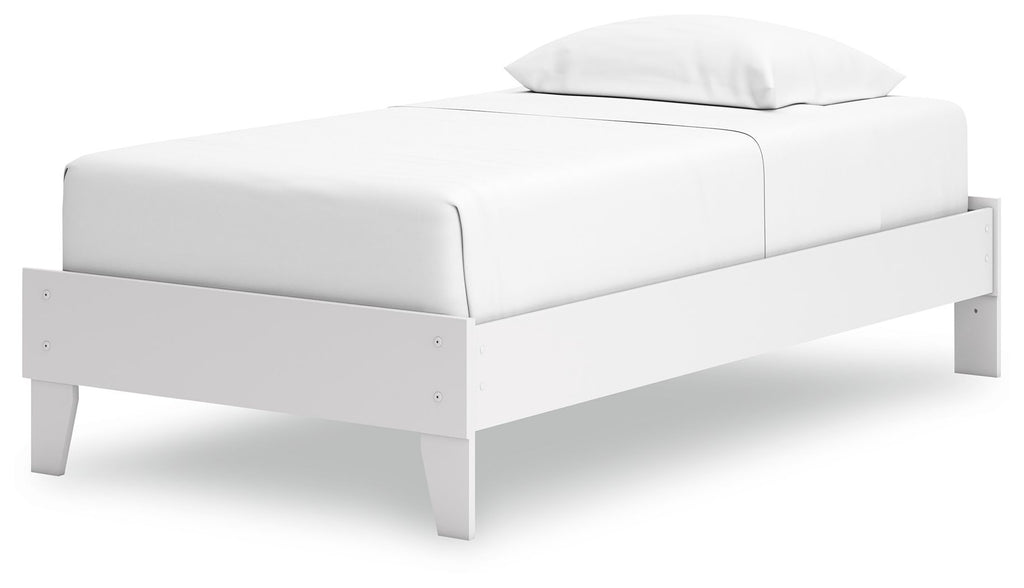 White platform bed frame with upholstered headboard and footboard, tapered legs