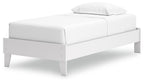 White platform bed frame with upholstered headboard and footboard, tapered legs