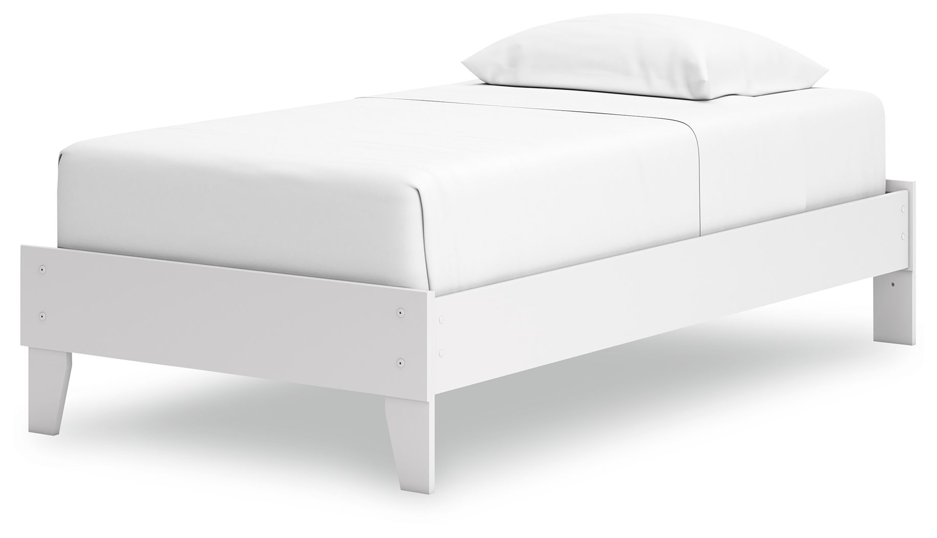 White platform bed frame with upholstered headboard and footboard, tapered legs