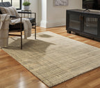 Large ivory, gray, tan area rug with flat woven texture