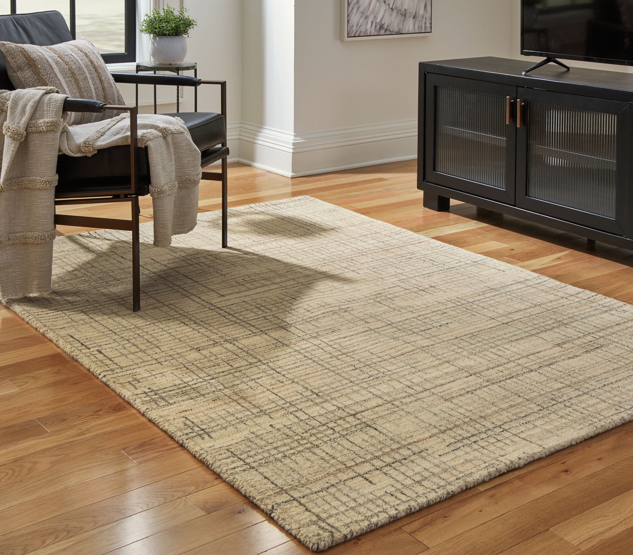 Large ivory, gray, tan area rug with flat woven texture