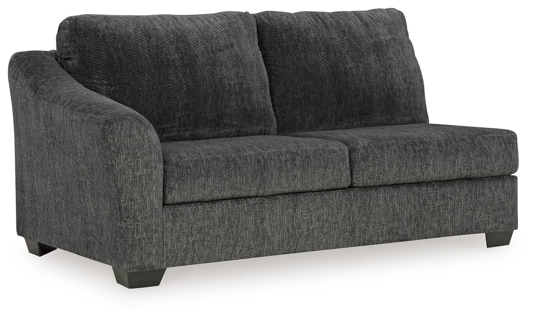 Dark gray upholstered sofa with boxy arms, two seat cushions and tall back.