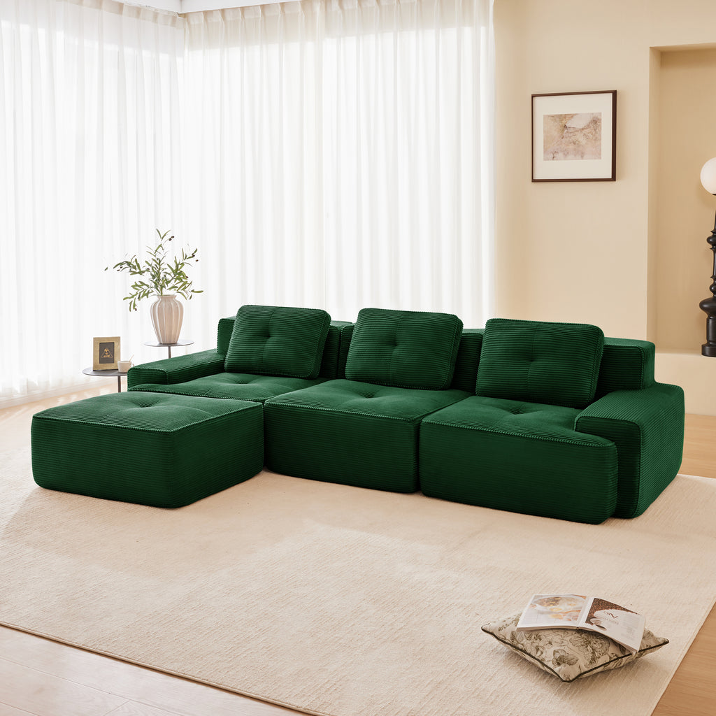 Green corduroy modular sectional sofa with chaise ottoman seating and back cushions