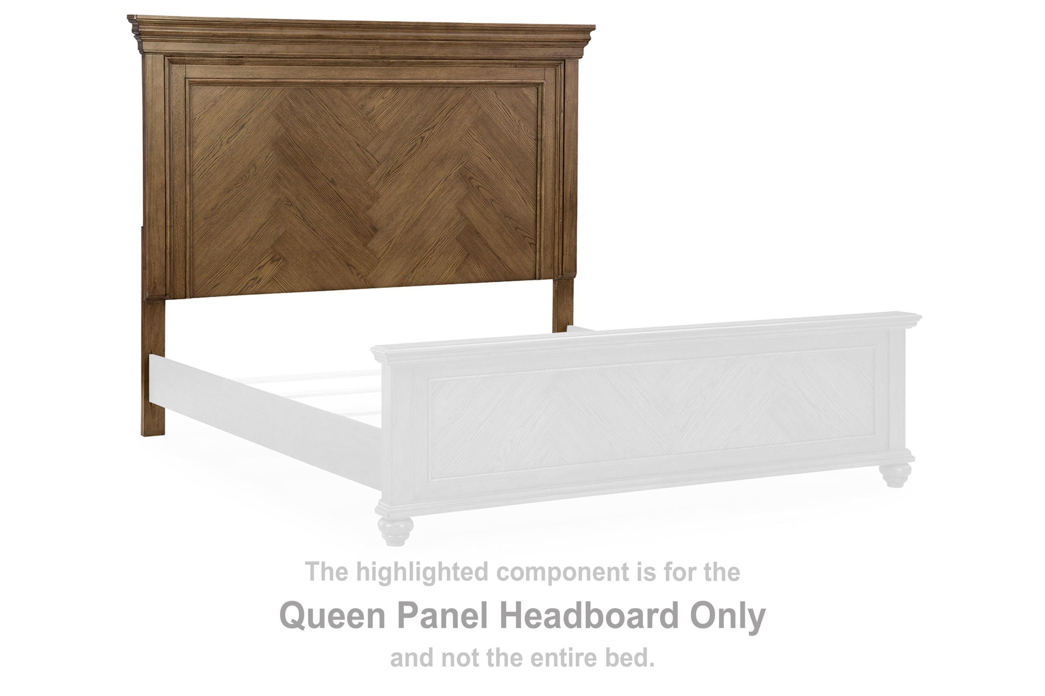 Queen panel headboard in medium brown wood with raised frame and top molding