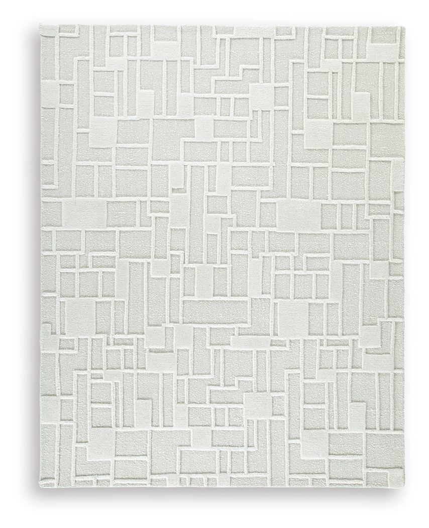 Empriss beige rug with square block geometric pattern, flat weave texture