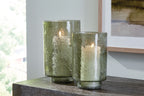 Clarkton green candle holder set (2): textured glass cylinders, taller and shorter pair