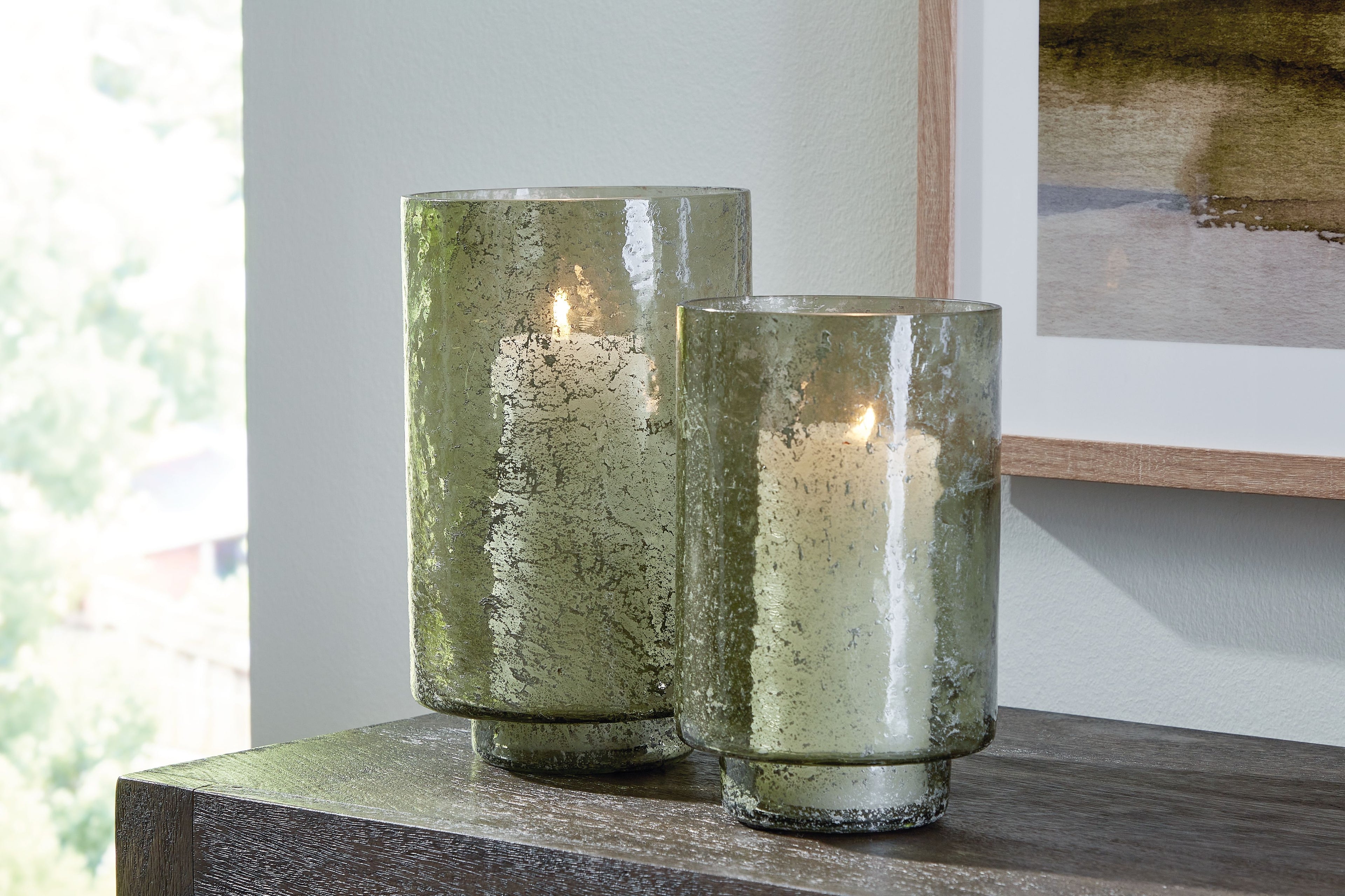 Clarkton green candle holder set (2): textured glass cylinders, taller and shorter pair