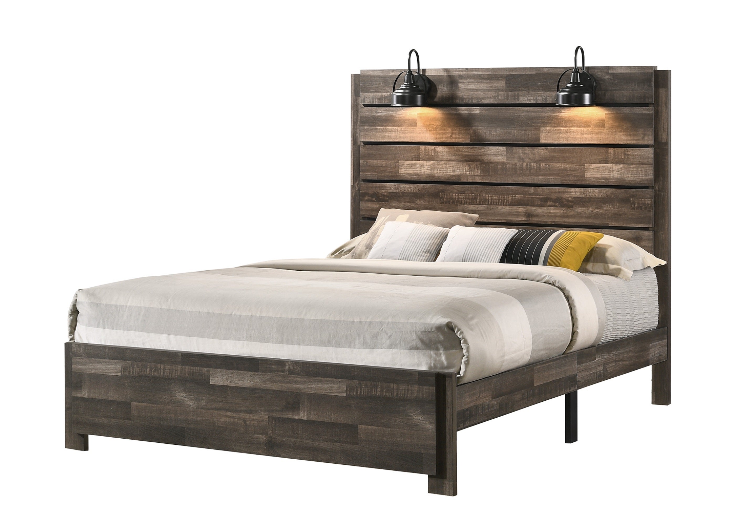 Rustic King Bed with Lamp, Butcher Block Weathered Brown Wood Finish