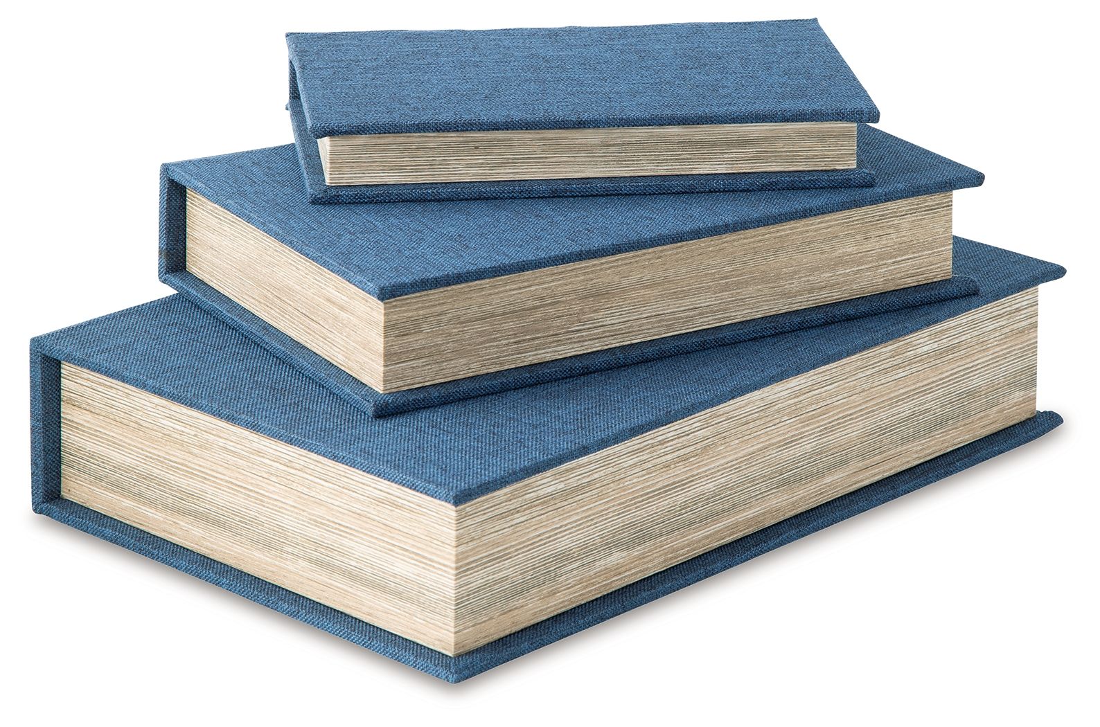 Decorative box set with stacked blue fabric lids and light wood-textured bases.